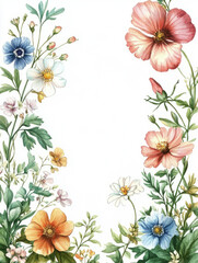 Watercolor floral border with colorful flowers and greenery.