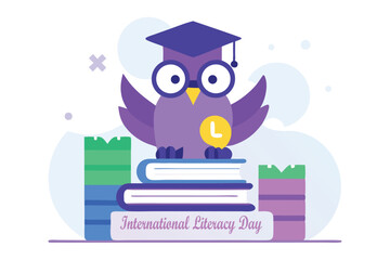 Watercolor Owl on Books – International Literacy Day Vector Art with Graduation Cap.