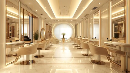 Luxurious salon interior design with elegant styling stations.