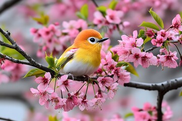 Colorful bird perched on cherry blossom branch nature scene springtime close-up serenity and beauty