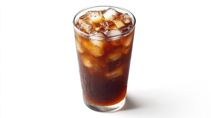 Menu featuring Americano iced coffee on white backdrop with isolated images. Glass of Americano on table.Kong Jian Fu Zhi .