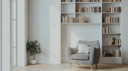 Minimal modern interior with cozy reading nook centered on grey armchair against white wall