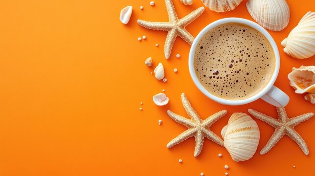 Marine-themed coffee with starfish and shells on a bright orange backdrop