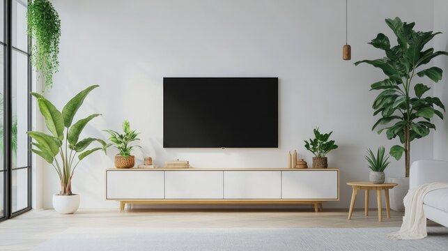Minimal living room interior with white wall background and TV cabinet.