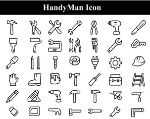 Fototapeta premium Set of Handyman icons | setting icon | Drill machine icons | pin icon | Nut icon | Working shoes icon | Brush icon | Scrubber icon | Hand icon | Steps icon | Bag icon
