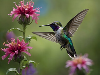 hummingbird and flower in green blur background