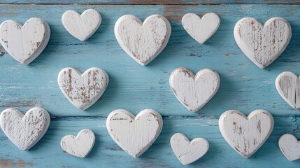 Obraz premium Old White Wooden Hearts on Antique Blue Table Background