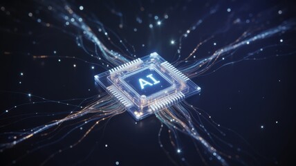 Artificial intelligence chip with glowing data streams. Concept of modern technology.