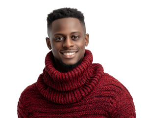 Smiling young black man wearing cozy red knit sweater, isolated on transparency background, casual winter fashion, cheerful expression, modern style portrait