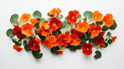 Orange Nasturtium Flowers Bouquet on White Background, Flat Lay View