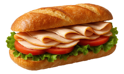 Fresh turkey sandwich with sliced turkey breast, tomato, and lettuce in a crusty baguette.