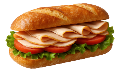 Fresh turkey sandwich with sliced turkey breast, tomato, and lettuce in a crusty baguette.