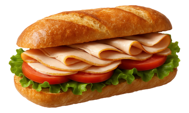 Fresh turkey sandwich with sliced turkey breast, tomato, and lettuce in a crusty baguette.