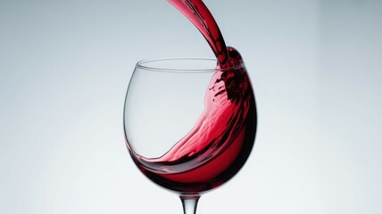 Pouring red wine into a glass, creating a splash. Concept of celebration and indulgence.