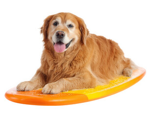 Golden retriever dog lying on yellow orange surfboard, isolated on transparency background, happy expression, wet fur, playful pet, summer concept