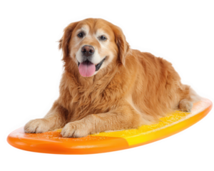 Golden retriever dog lying on yellow orange surfboard, isolated on transparency background, happy expression, wet fur, playful pet, summer concept