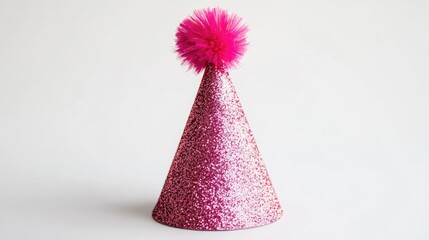 Pink glitter party hat with pompon. White background.