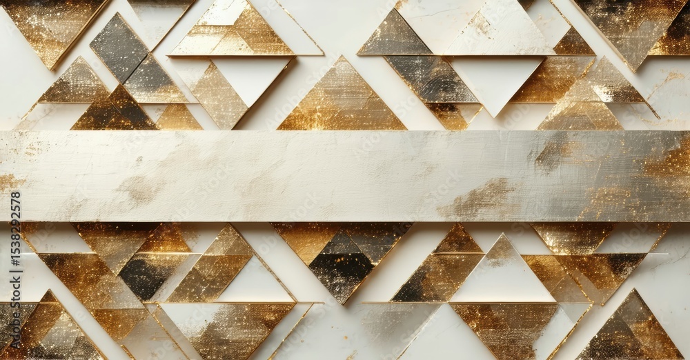 Poster Geometric pattern. Gold, white textures create layered design. Triangles, rectangles form abstract composition. Elegant, modern aesthetic.