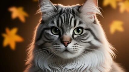 Obraz premium Close up of a silver tabby cat with green eyes and long hair, against a brown background with leaves.