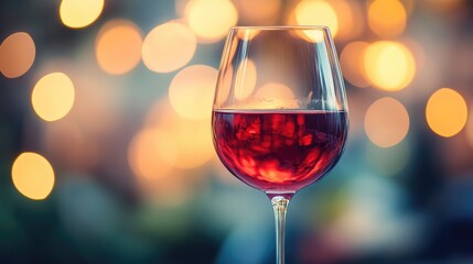 Red wine glass against blurred light backdrop.