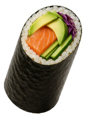 Sushi roll with salmon, avocado, cucumber, and purple cabbage wrapped in nori with rice.
