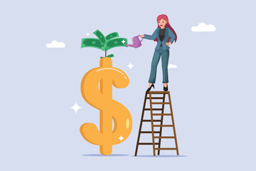 Businesswoman on a Ladder Watering a Growing Money Plant with a Dollar Sign, Symbolizing Strategic Investment, Financial Growth, and Wealth Cultivation.