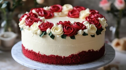 Red Velvet Cake adorned with Roses