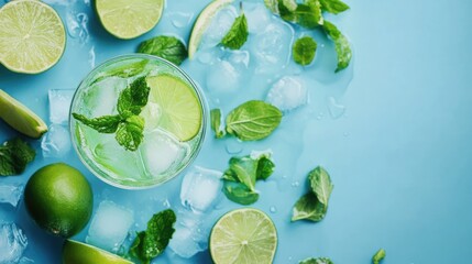 Refreshing Mojito: Lime, Mint, and Ice Drink on Blue Background