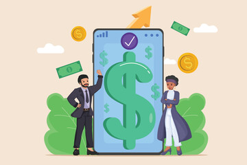 Successful Investors Celebrating Profit and Financial Gains from Smart Digital Investments, Displayed on a Large Smartphone Screen with a Dollar Sign and Upward Trend.