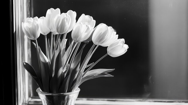 Reflection of tulip bouquet in window, black and white photo evoking nostalgia and melancholy of lost youth. - Powered by Adobe
