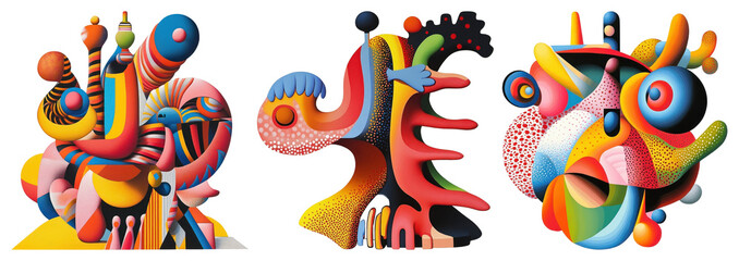 Fototapeta premium PNG Abstract colorful sculptures with dynamic shapes and patterns element set on transparent background.