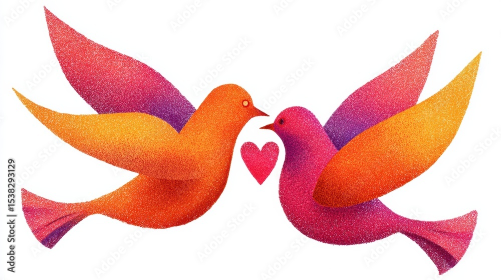 Poster elegant stylized birds create heart shape while flying together in harmonious dance