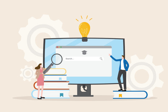 Education concept. Students search study research using internet technology for approach knowledge. University diploma E-learning course. Online learning graduation certification illustration vector.