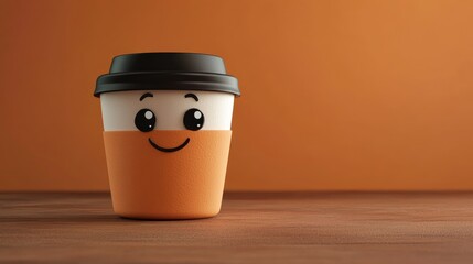 Smiling coffee cup character ready for a coffee break