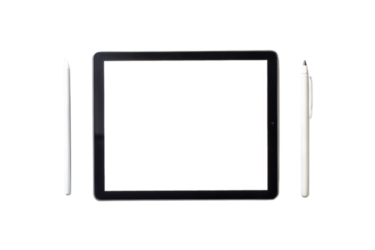 Modern tablet with two stylus pens isolated on transparent background