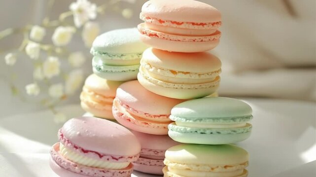 Colorful macarons stacked in pyramid design