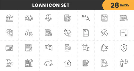  Loan icon set. Containing mortgage, borrow, interest, debtor, credit score, lender, installment, rate, lending and more. perfect flat icon collection.