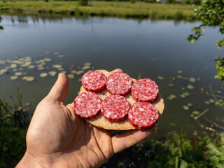 A person holding a piece of bread with salami on it