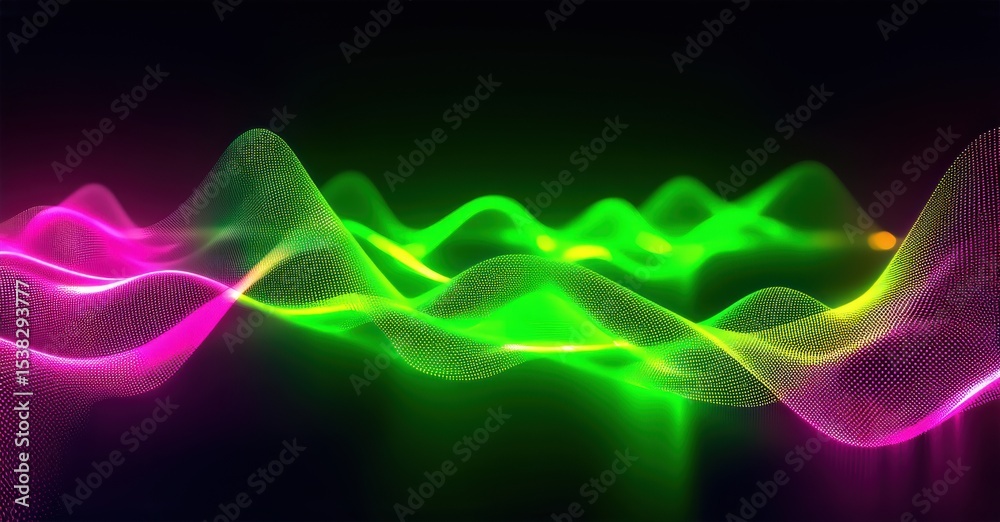 Poster Abstract neon waves flow across dark background. Vibrant colors create dynamic visual experience. Smooth curves suggest energy, movement.