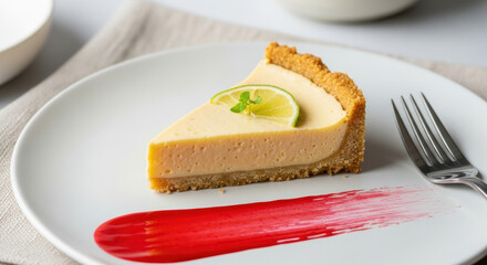 Slice of creamy key lime pie with graham cracker crust served on a white plate garnished with lime and raspberry sauce
