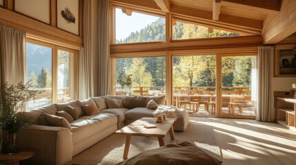 Fototapeta premium Stylish living area with large windows, sofa, cozy chalet ambiance.