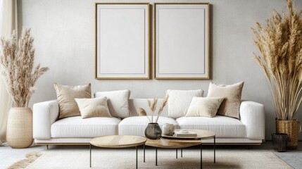 Stylish living room interior with modern sofa, mockup poster frames, dried flowers, coffee tables, and elegant decor accessories.