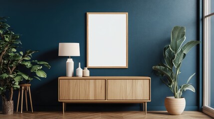 Stylish living room interior design with mockup poster frame, wooden commode, lamp, and elegant personal accessories on dark blue wall.