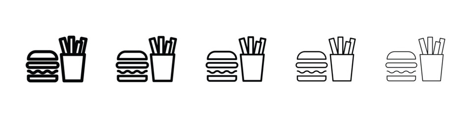 Burger Fries icons in black stroke designs on white background