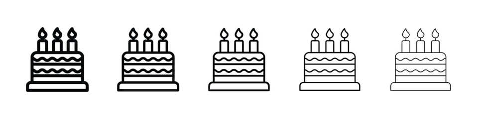 Cake birthday icons in black stroke designs on white background
