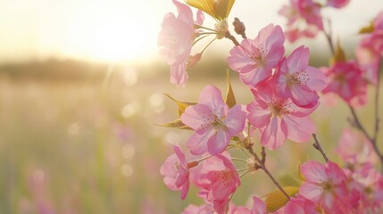 Blossoming pink cherry petals glow in the evening light heralds of spring and renewed hope with