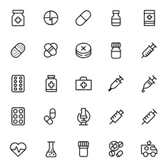 Several black outline icons depict medicine, healthcare, and ambulance signs against a white background