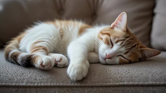 Serene slumber: Close-up of a ginger and white cat peacefully napping on a cozy couch