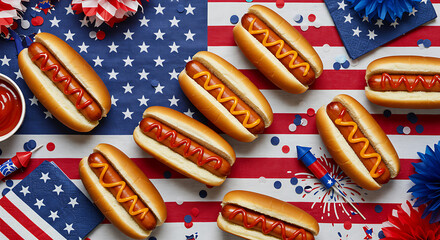 A delicious hot dog topped with ketchup and mustard sits on a rustic wooden table, with a blurred American flag in the background.