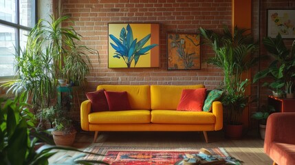 Obraz premium Vibrant living space with seating, plant decor